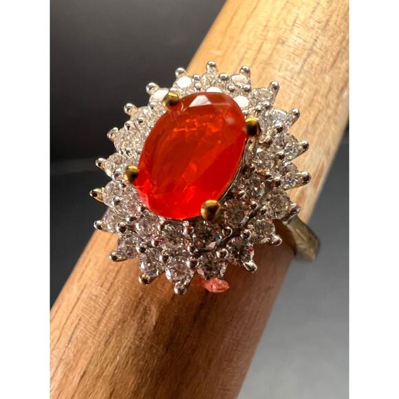 NEW Mexican Cherry fire opal moissanite halo ring in vermeil YG over 925 size 5 - Picture 2 of 16